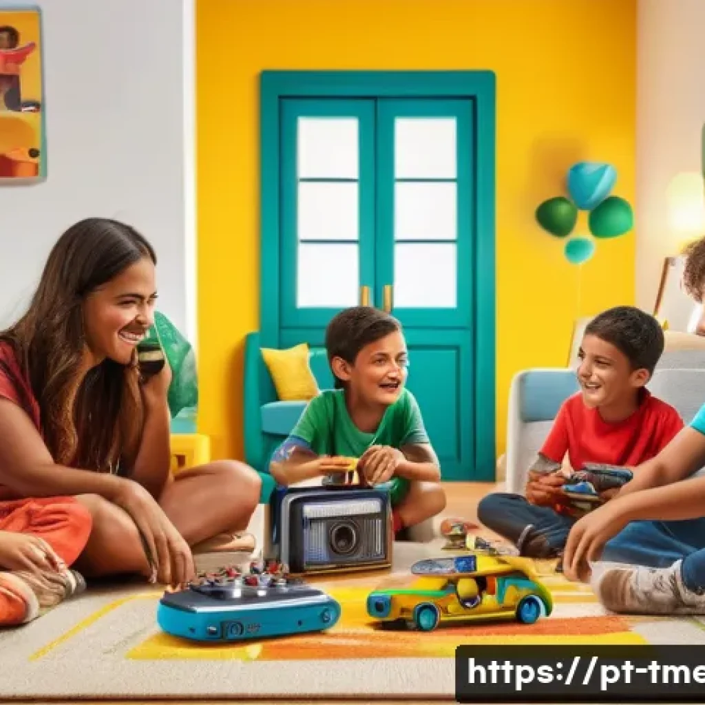 터닝메카드 광고 캠페인 분석 - A vibrant scene showing a diverse group of Brazilian children and their parents joyfully interacting...