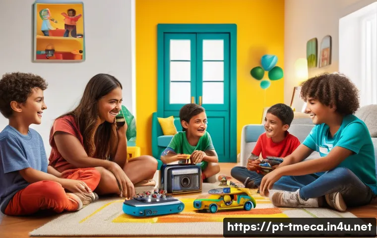터닝메카드 광고 캠페인 분석 - A vibrant scene showing a diverse group of Brazilian children and their parents joyfully interacting...