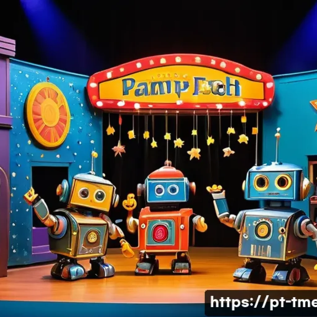 터닝메카드 인형극 이벤트 정보 - A vibrant puppet theater scene featuring colorful Turning Mecard robots with playful, friendly faces...