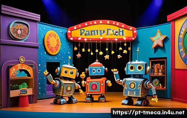 터닝메카드 인형극 이벤트 정보 - A vibrant puppet theater scene featuring colorful Turning Mecard robots with playful, friendly faces...