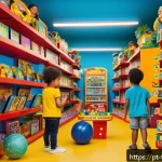터닝메카드 한국 완구 시장 영향 - A vibrant Brazilian toy store scene featuring interactive modular toys inspired by Turning Mecard, w...