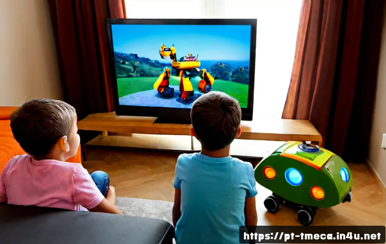 Home 17 터닝메카드 팬들에게 인기 있는 에피소드 - Photorealistic family living room in Portugal, two excited school-age children and a parent watching...